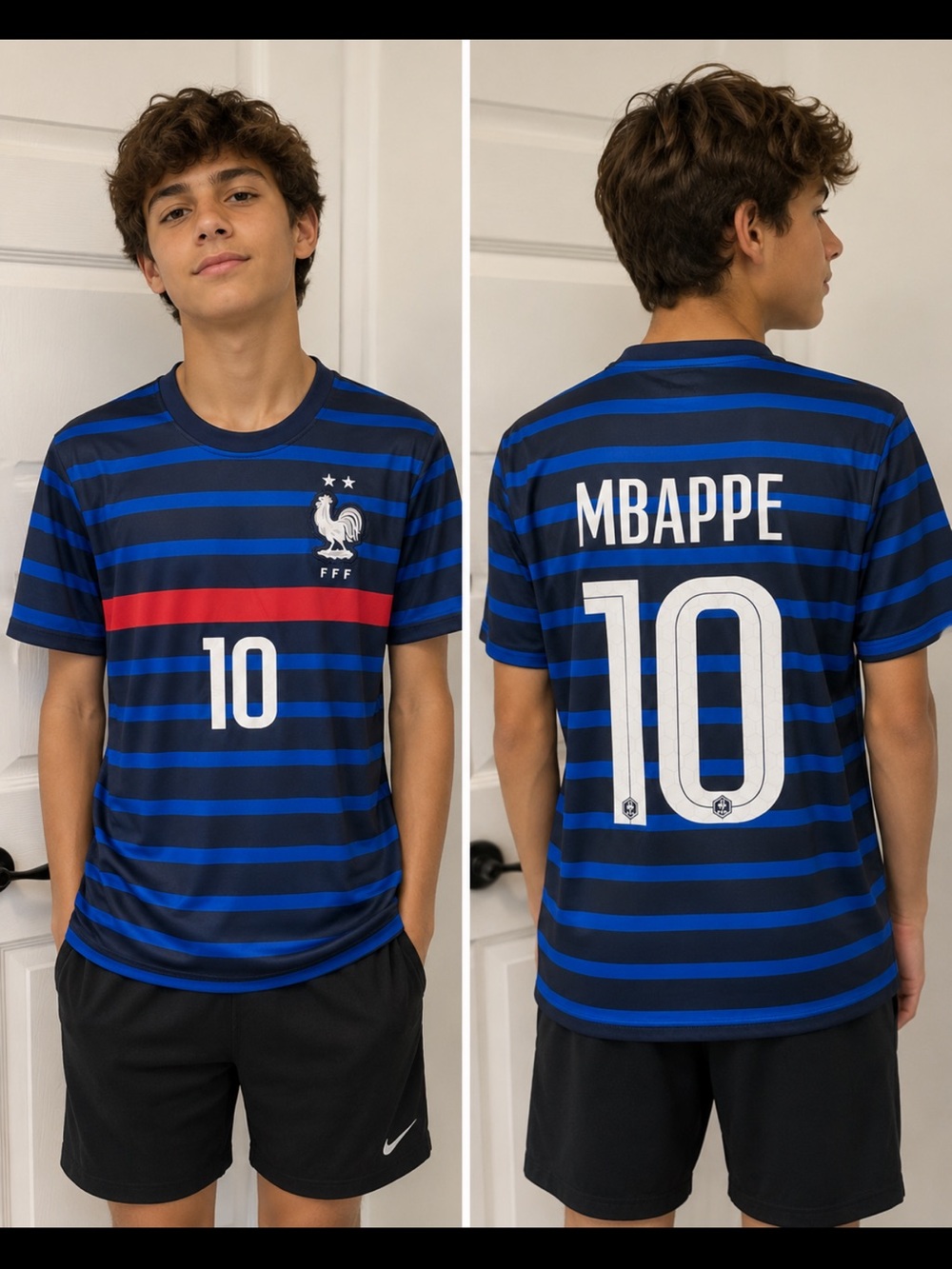 France MBAPPE #10 Soccer Jersey - Blue & Black Striped